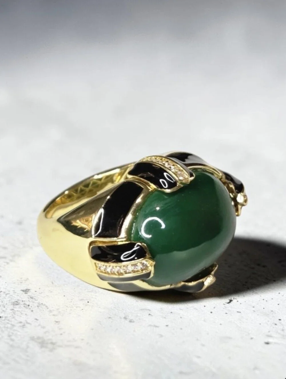 18k Gold Plated Onyx Enamel Green Onyx Glass Cabochon Oversized Statement Ring